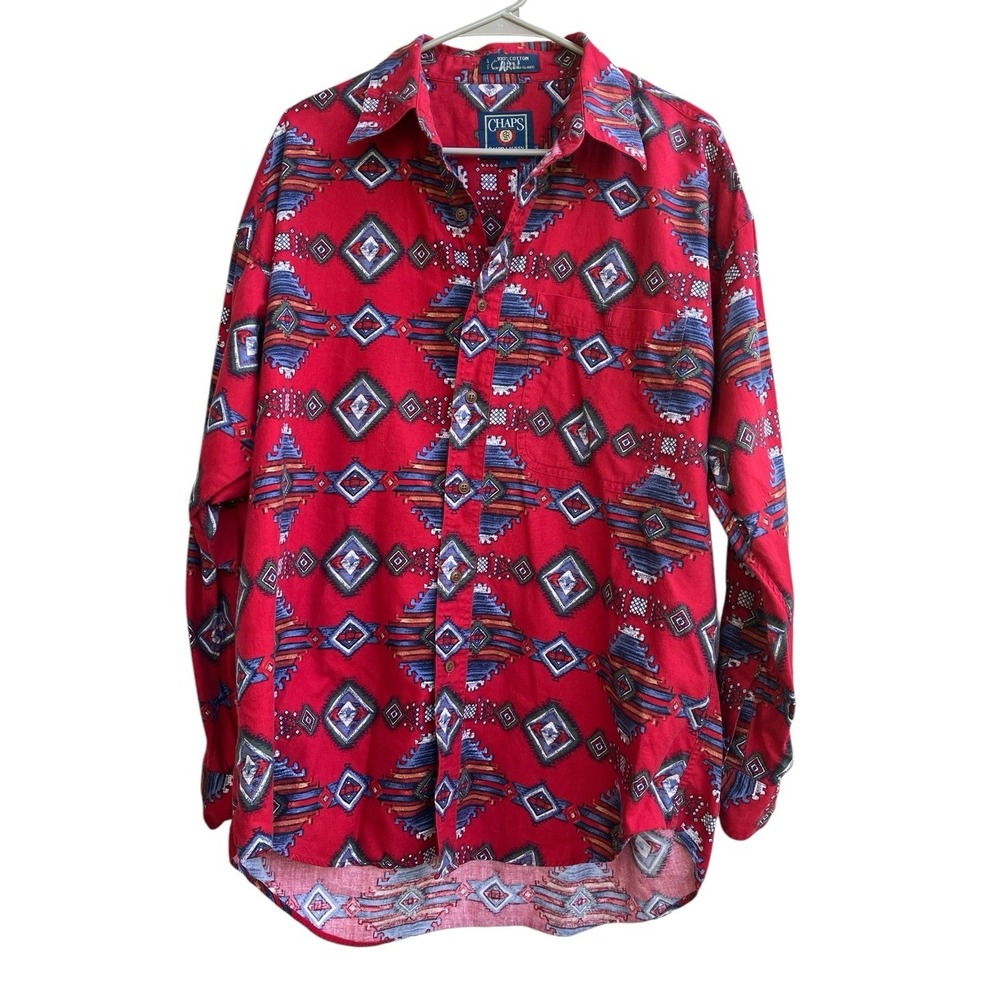 Mens Long Sleeve Aztec Southwestern Shirt Size L Red Vintage 90s‎ Chaps Lauren